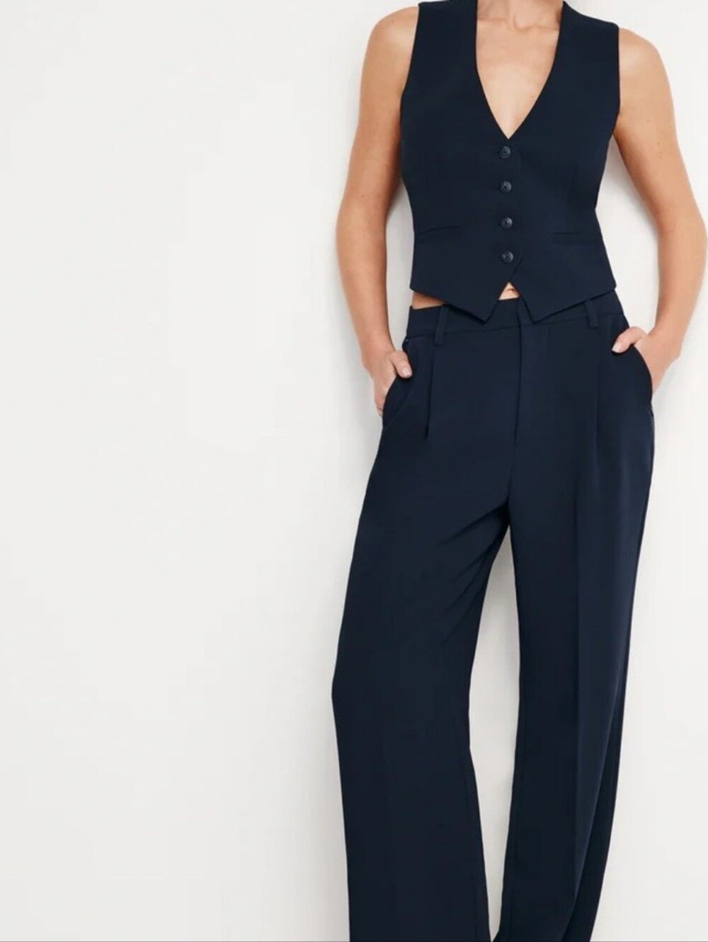 Good American Luxe Suiting Column Trouser 6/28 Navy Blue Tailored Wide Leg
